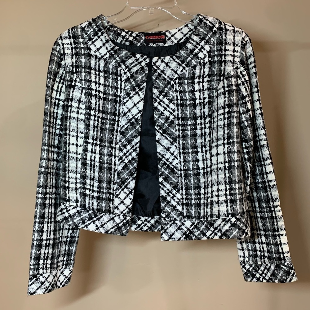 Carbon Denim Project Collarless Lady Jacket in Ivory, Gray/Black Plaid, M, EUC